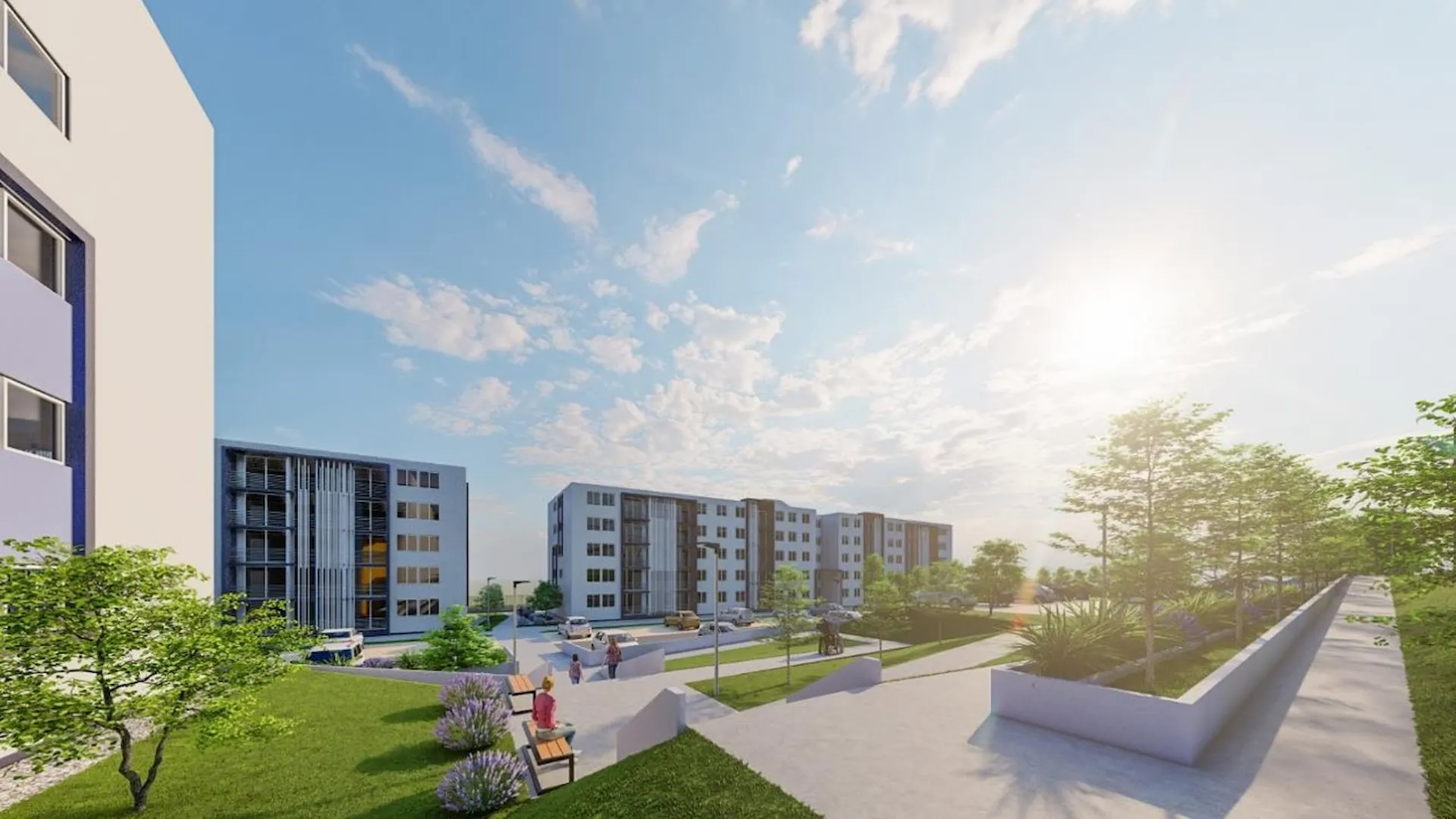 Conjunto habitacional con edificios modernos, áreas verdes y personas caminando por senderos peatonales
